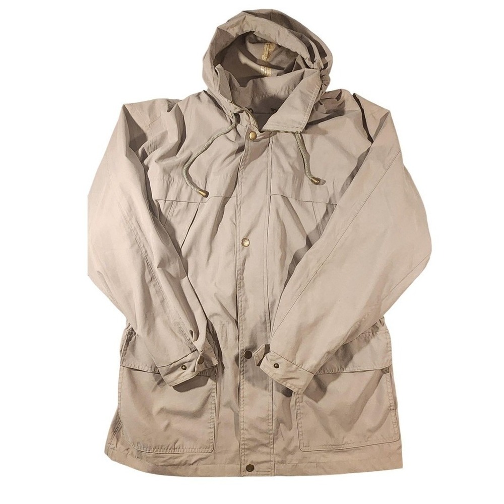 Vintage TravelSmith Coat Mens Large Beige Hooded Parka‎ Zip Pockets Hong Kong